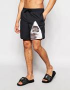 Asos Mid Length Swim Shorts With Shark Print - Black