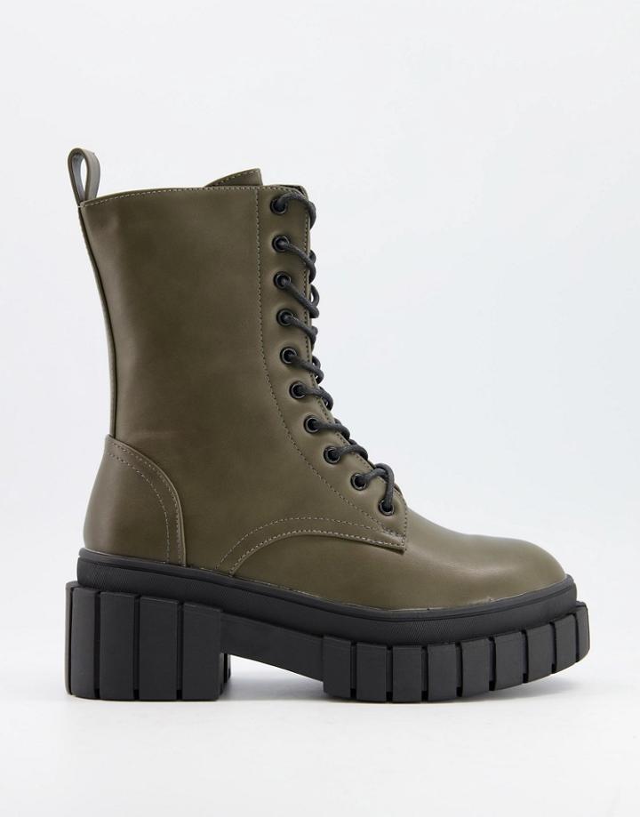 Truffle Collection Chunky Lace Up Ankle Boots In Khaki-green