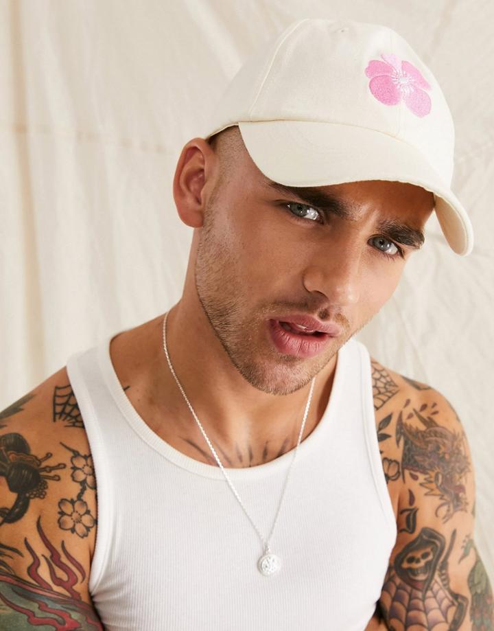Asos Design Soft Baseball Cap With Flower Embroidery In Ecru-neutral
