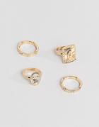 Asos Design Pack Of 4 Rings With Vintage Style Icon Design And Engraved Band In Gold - Gold