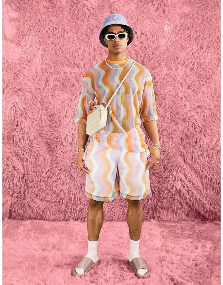 Asos Design Oversized Short In All Over Wave Print Mesh - Part Of A Set-multi