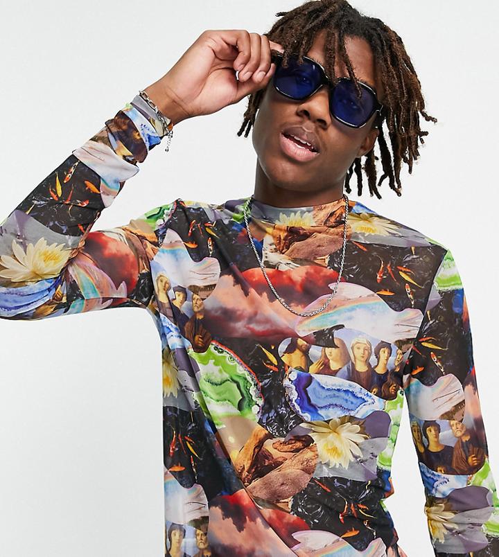 Collusion Long Sleeve T-shirt In Mesh With Print-multi