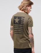Asos T-shirt With Distressed Flag Back Print In Khaki - Battlefield