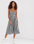 New Look Midi Dress With Tie Front In Gingham Print-yellow