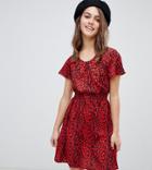 New Look Petite Animal Print Shirred Waist Dress In Red Pattern - Red