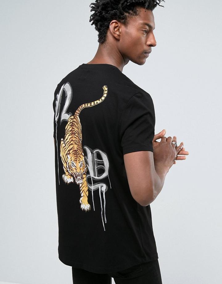 Asos Longline T-shirt With Tiger Chest And Back Print - Black