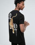 Asos Longline T-shirt With Tiger Chest And Back Print - Black