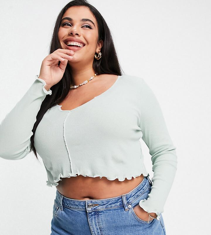 Asos Design Curve Top With Notch Neck And Contrast Stitching In Sage-white