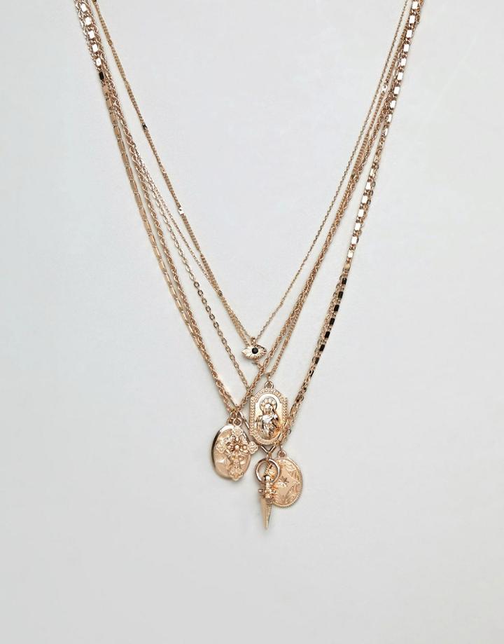 Asos Design Multi-layer Necklace With Mixed Pendants In Gold - Black