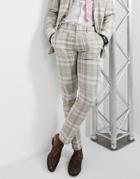 Asos Design Skinny Linen Mix Suit Pants In Stone Check-neutral