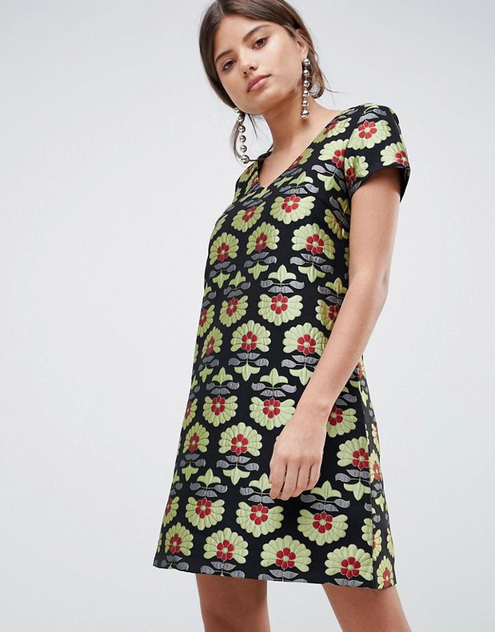 Traffic People Short Sleeve Jacquard A Line Dress - Gold