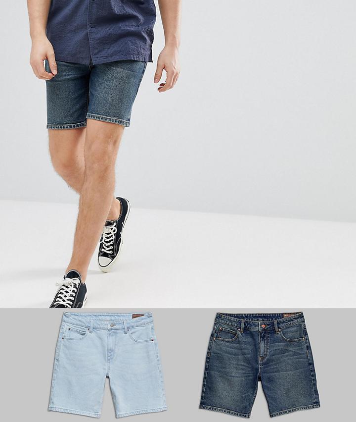 Asos Denim Shorts In Skinny Vintage Dark Wash & Light Wash Blue - Multi