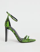 Asos Design Harper Barely There Heeled Sandals In Green Snake