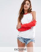 Milk It Vintage Long Sleeve Retro Raglan T-shirt With Cold Shoulder - Red