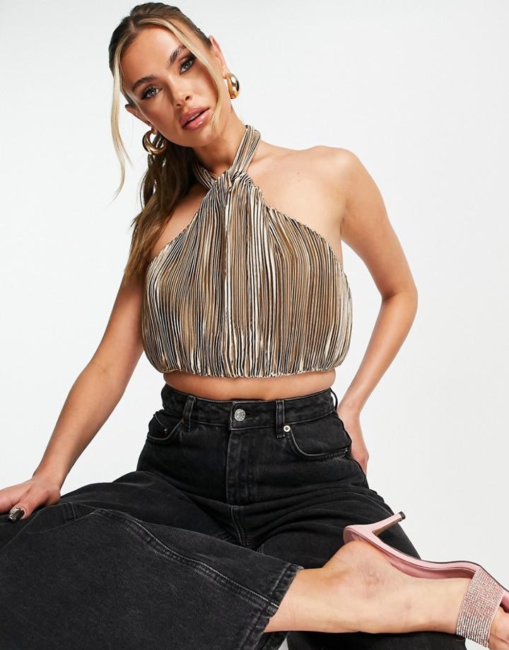 Missguided Satin Plisse Halterneck Crop Top In Champagne-white