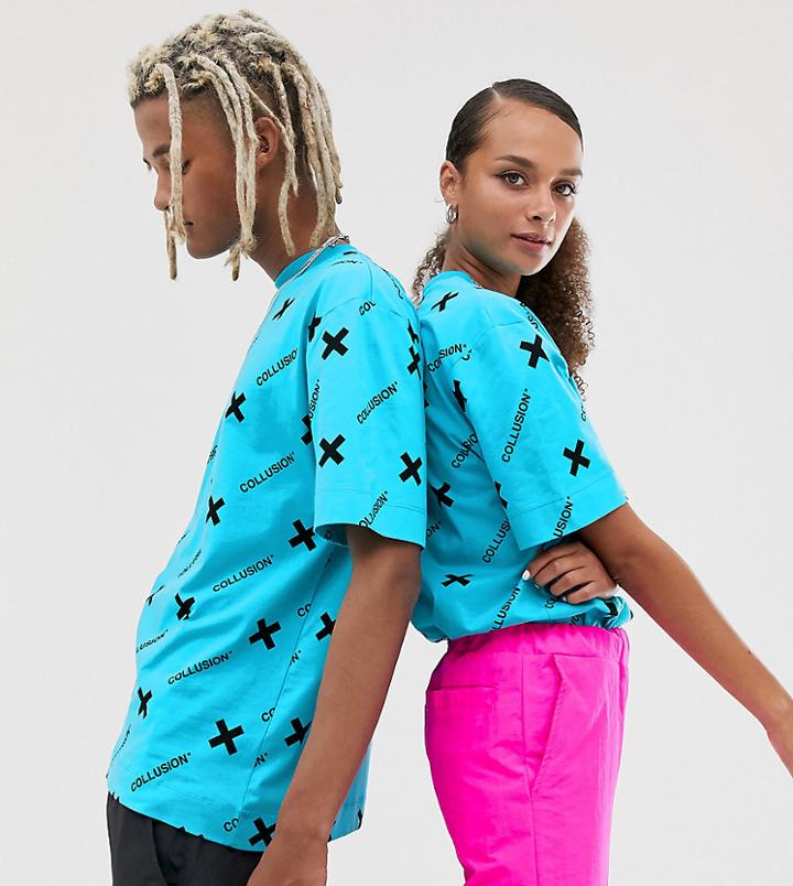 Collusion Unisex T-shirt With Logo Print In Blue - Blue