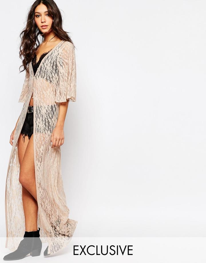 Rokoko Maxi Lace Kimono With Button Front Detail - Nude
