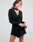 Parallel Lines Romper With Choker Neck Detail And Tie Cuffs - Black
