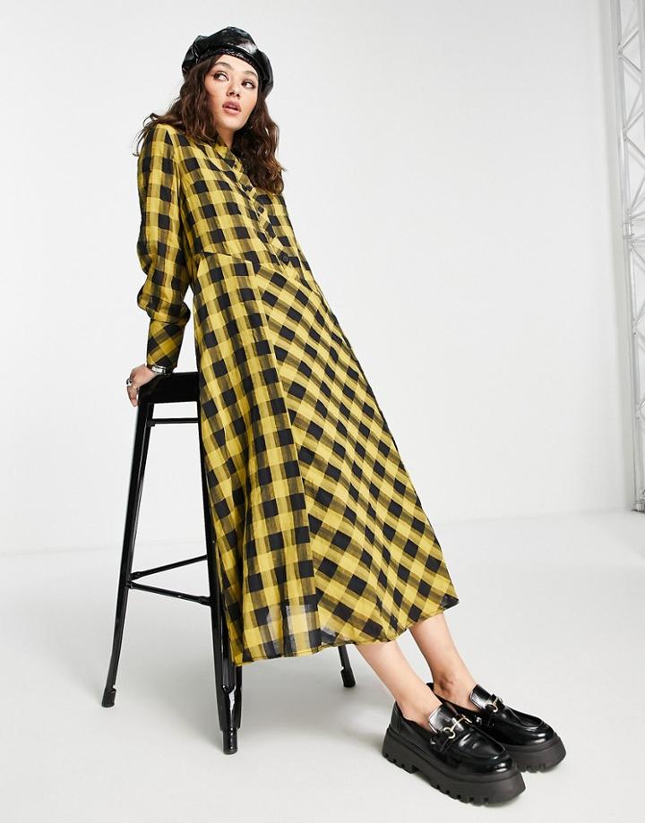 Topshop Plaid Chuck On Shirt Dress In Yellow-green