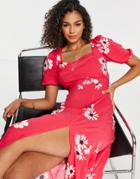 New Look Square Neck Split Hem Midi Dress In Red Floral