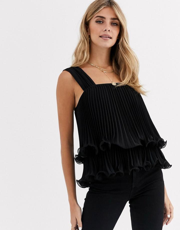 Asos Design Double Layer Pleated Top With Square Neck-black