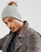7x Beanie Hat With Fur Pom Pom - Green