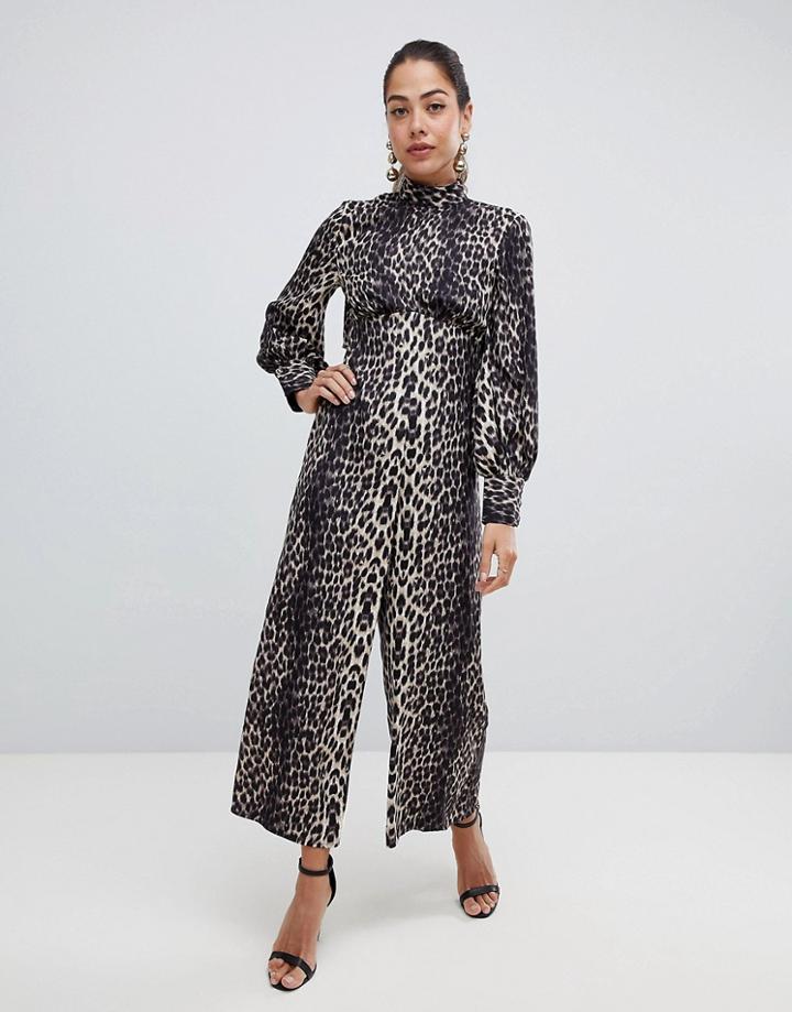 Asos Design Jumpsuit With High Neck And Blouson Sleeve In Animal Print - Multi