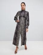 Asos Design Jumpsuit With High Neck And Blouson Sleeve In Animal Print - Multi