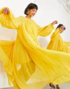 Asos Edition Gathered Neck Midi Dress In Mustard-yellow