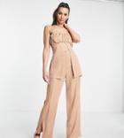 4th & Reckless Tall Satin Bodice Spilt Front Woven Top In Tan - Part Of A Set-neutral