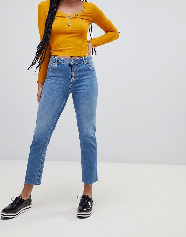 Miss Selfridge Straight Leg Jeans With Button Front In Mid Wash - Blue