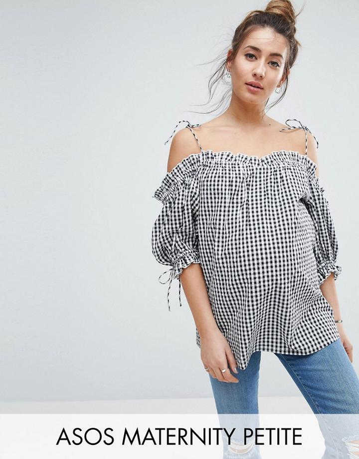 Asos Maternity Petite Cold Shoulder Top With Tie Shoulder In Gingham - Multi