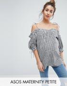 Asos Maternity Petite Cold Shoulder Top With Tie Shoulder In Gingham - Multi