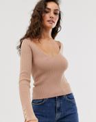 Asos Design Plated Rib V Neck With Button Cuff-pink