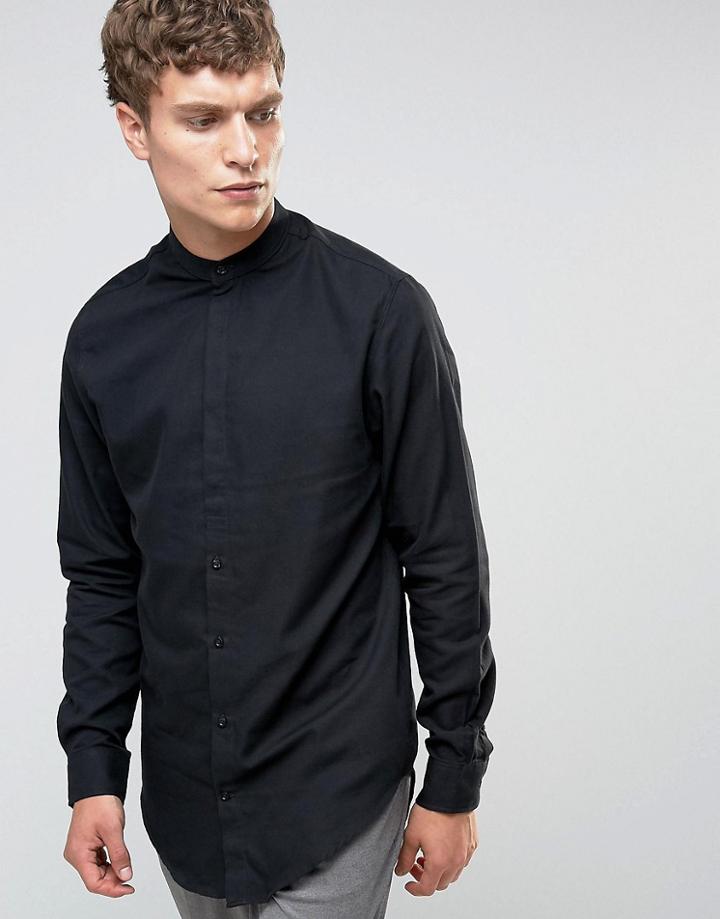 Selected Homme Grandad Shirt With Curved Hem - Black