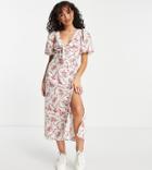 New Look Petite Puff Sleeve Midi Dress With Tie Front In White Floral
