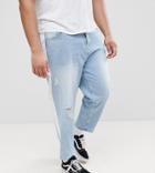 Asos Plus Skater Jeans In Light Wash With Abrasions And Side Stripe - Blue