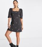 Asos Design Tall Quilted Mini Dress With Flower Embroidery With Snaps In Gray