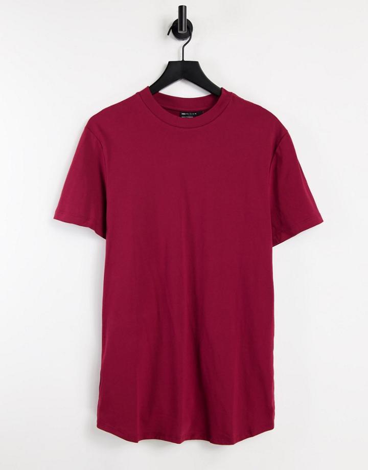 Asos Design Longline T-shirt With Side Slits In Burgundy-red