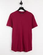 Asos Design Longline T-shirt With Side Slits In Burgundy-red