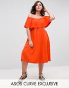 Asos Curve Ruffle Bardot Midi Skater Dress - Orange