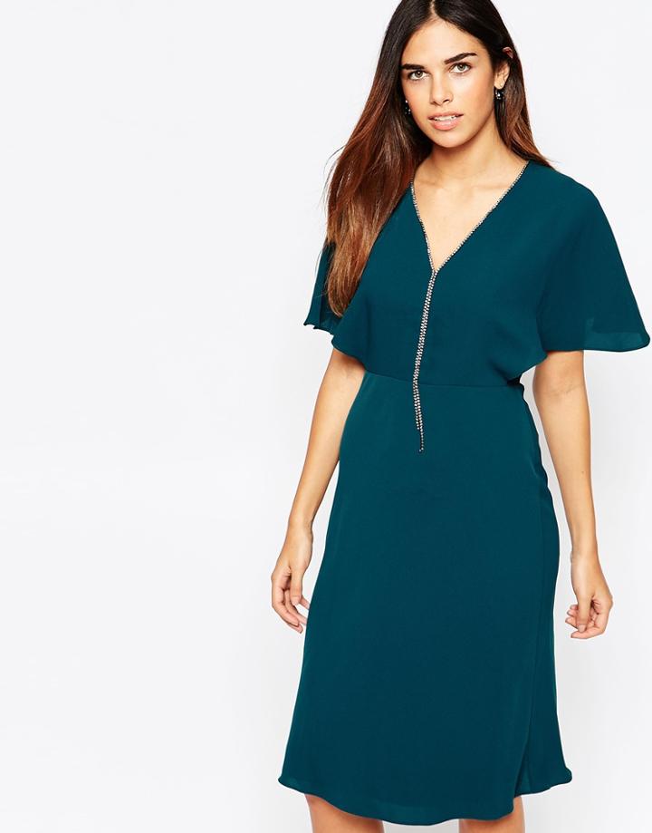 Warehouse Diamonte V Front Mini Dress - Green