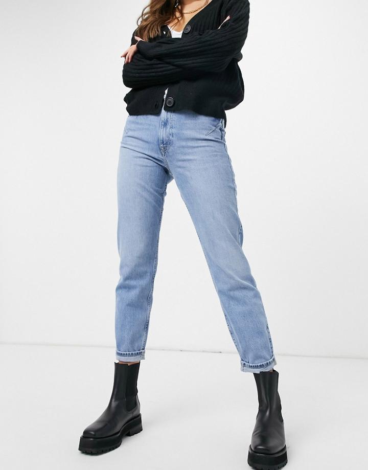 River Island Carrie Distressed Mom Jeans In Mid Blue-blues