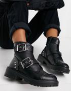 New Look Studded Buckle Flat Boots In Black