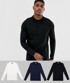 Asos Design Organic Long Sleeve Jersey Polo 3 Pack Multipack Saving - Multi