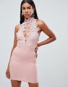 Rare High Neck Plunge Lace Mini Dress - Pink