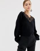 Yas Chunky Knit Sweater With Lace Panel-black