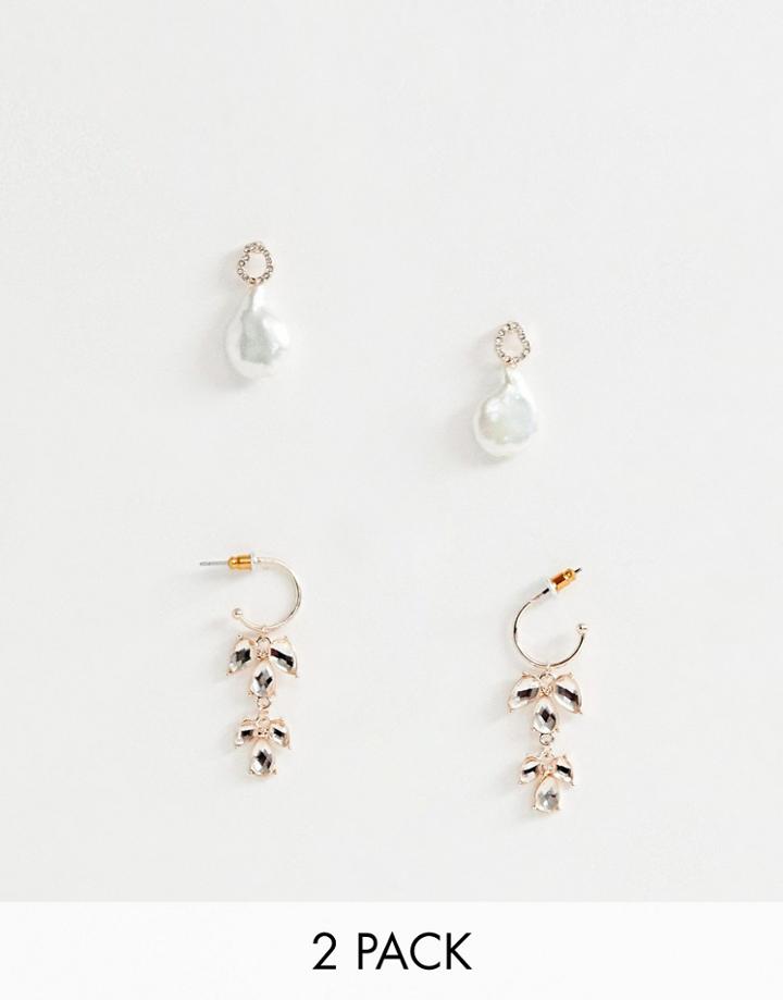 Asos Design Pack Of 2 Earrings Pretty Pearl And Jewel In Rose Gold