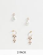Asos Design Pack Of 2 Earrings Pretty Pearl And Jewel In Rose Gold