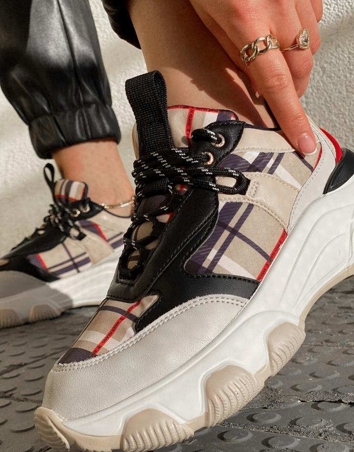 River Island Chunky Check Lace Up Sneakers In Beige-neutral